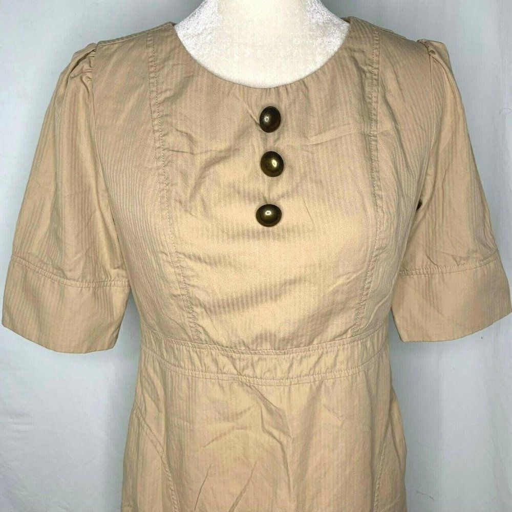 Tulle Anthropologie A Line Shift Dress M Tan Pockets Gold Buttons Side Zipper